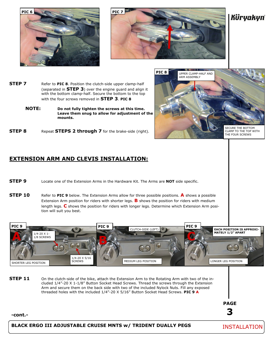 Ab c, Extension arm and clevis installation, Installation | Kuryakyn 3990 BLACK ERGO III ADJUSTABLE CRUISE MNTS w/ TRIDENT DUALLY PEGS User Manual | Page 3 / 6