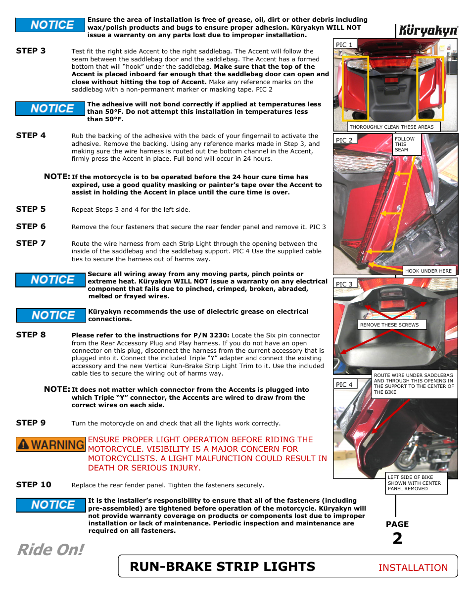 Ride on, Run-brake strip lights, Installation | Kuryakyn 3247 L.E.D. VERTICAL RUN-BRAKE STRIP LIGHTS User Manual | Page 2 / 2