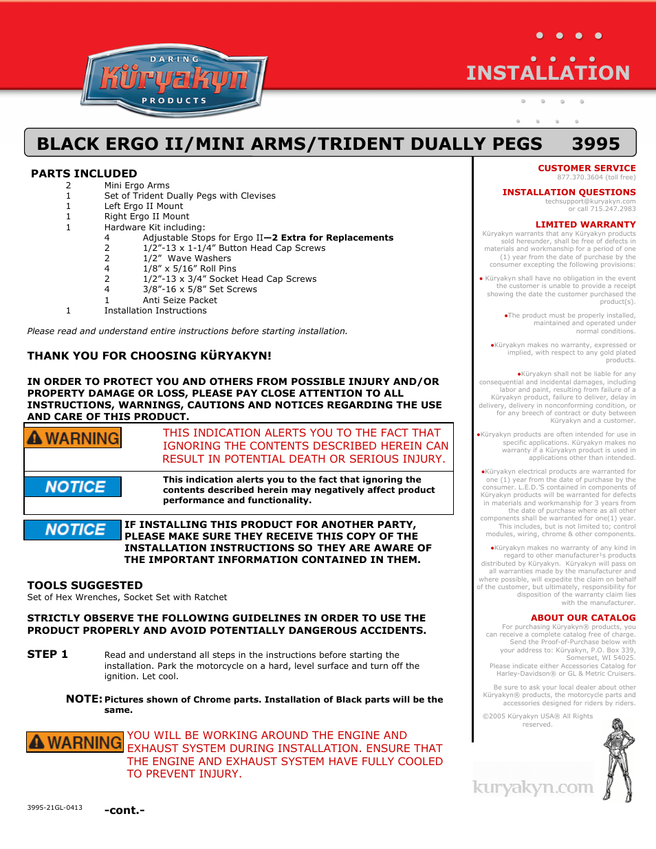 Kuryakyn 3995 BLACK ERGO II/MINI ARMS/TRIDENT DUALLY PEGS User Manual | 3 pages