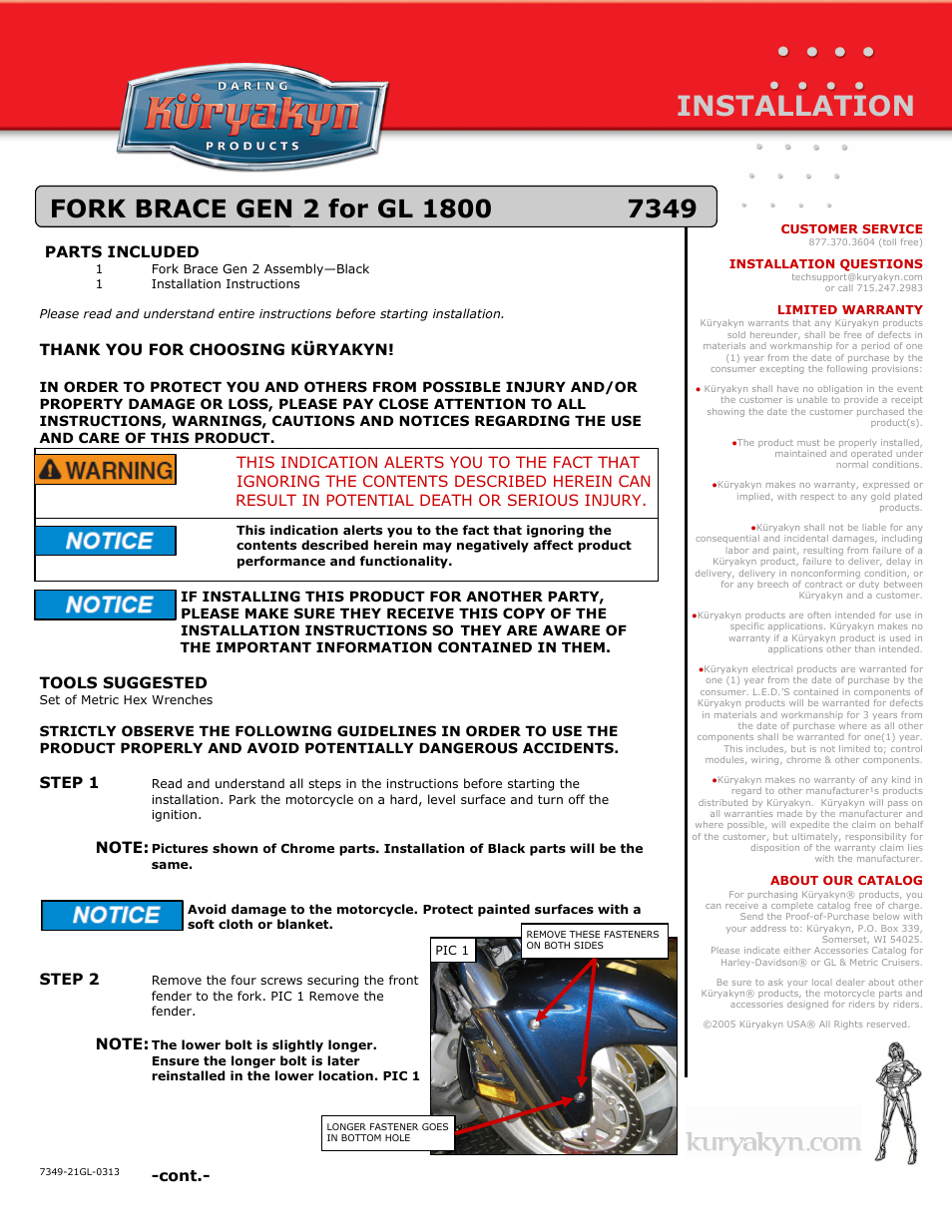 Kuryakyn 7349 FORK BRACE GEN 2 for GL 1800 User Manual | 2 pages