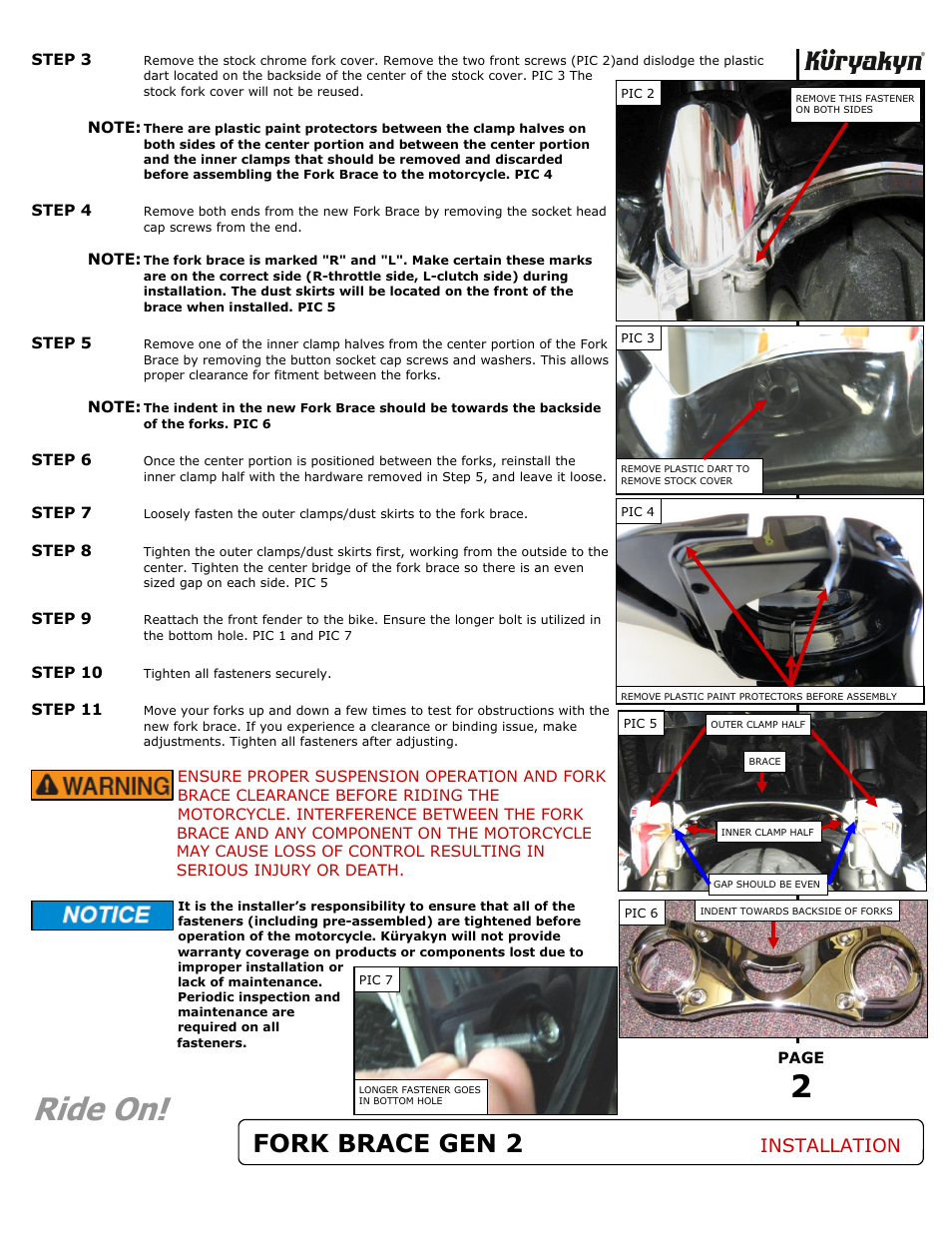 Ride on, Fork brace gen 2, Installation | Kuryakyn 7349 FORK BRACE GEN 2 for GL 1800 User Manual | Page 2 / 2