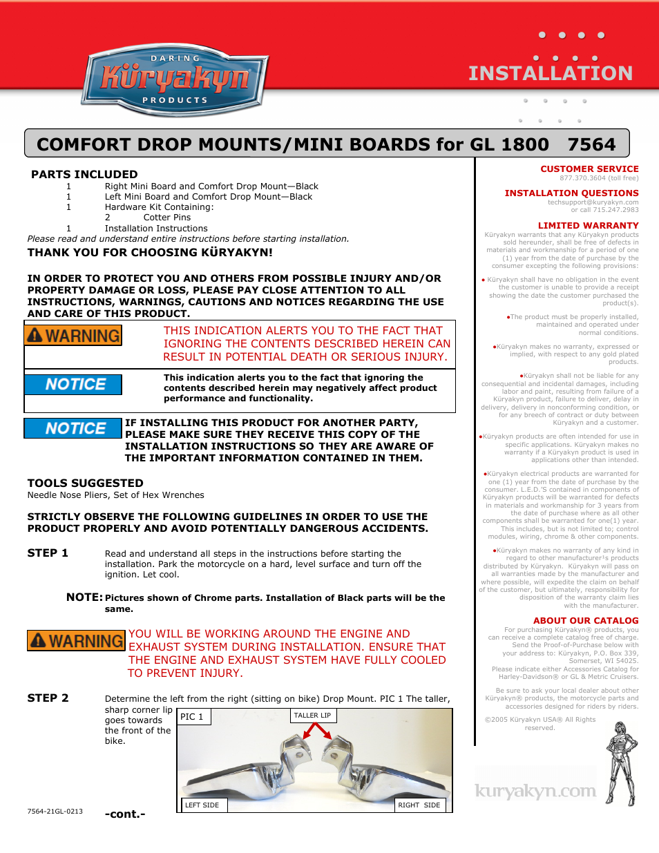 Kuryakyn 7564 COMFORT DROP MOUNTS/MINI BOARDS for GL 1800 User Manual | 2 pages