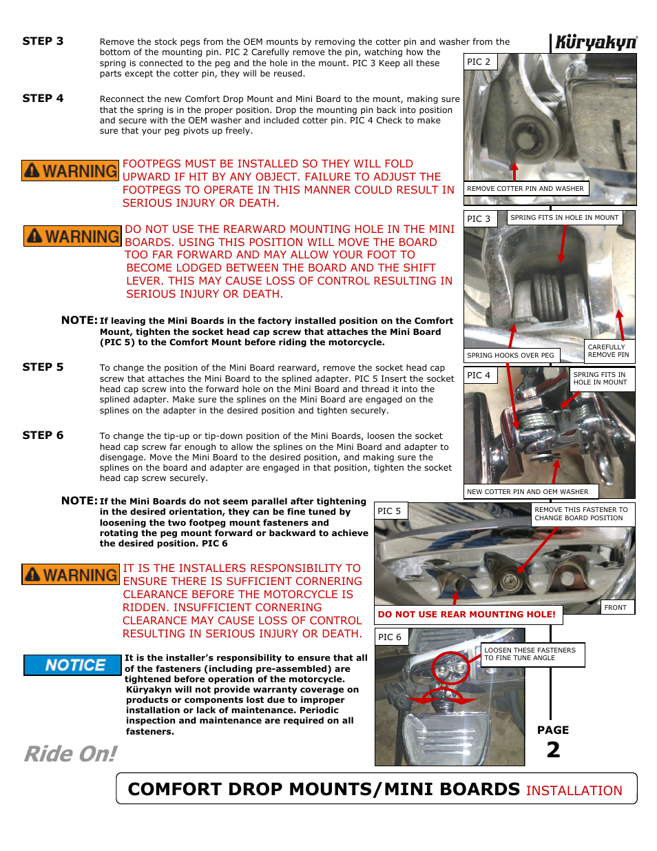 Ride on, Comfort drop mounts/mini boards, Installation | Kuryakyn 7564 COMFORT DROP MOUNTS/MINI BOARDS for GL 1800 User Manual | Page 2 / 2
