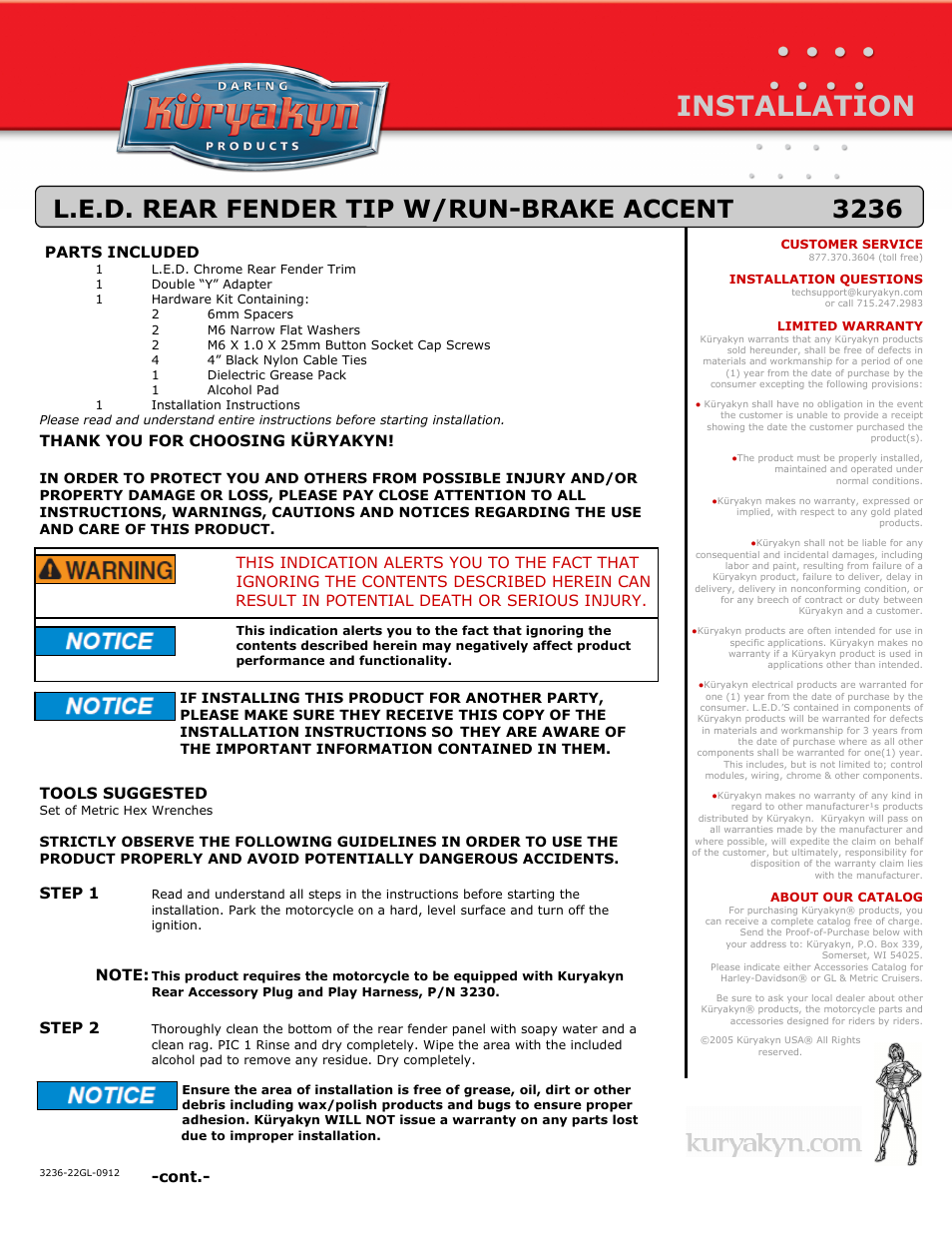 Kuryakyn 3236 L.E.D. REAR FENDER TIP W/RUN-BRAKE ACCENT User Manual | 2 pages