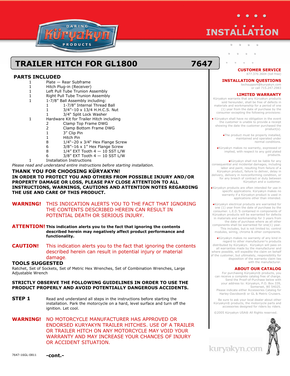 Kuryakyn 7647 TRAILER HITCH FOR GL1800 User Manual | 4 pages