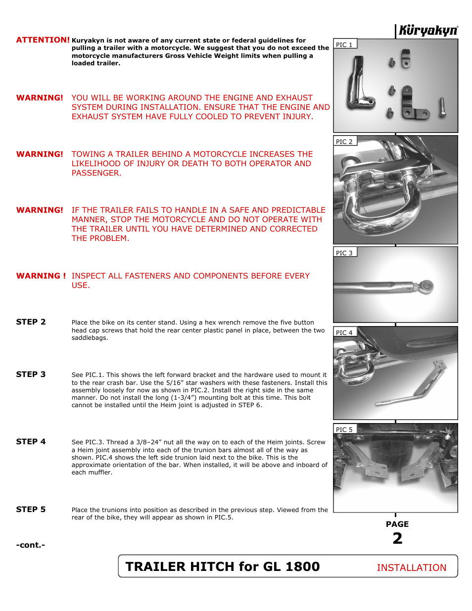 Trailer hitch for gl 1800, Installation | Kuryakyn 7647 TRAILER HITCH FOR GL1800 User Manual | Page 2 / 4