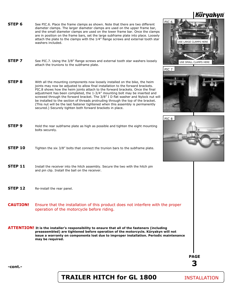 Trailer hitch for gl 1800, Installation | Kuryakyn 7647 TRAILER HITCH FOR GL1800 User Manual | Page 3 / 4