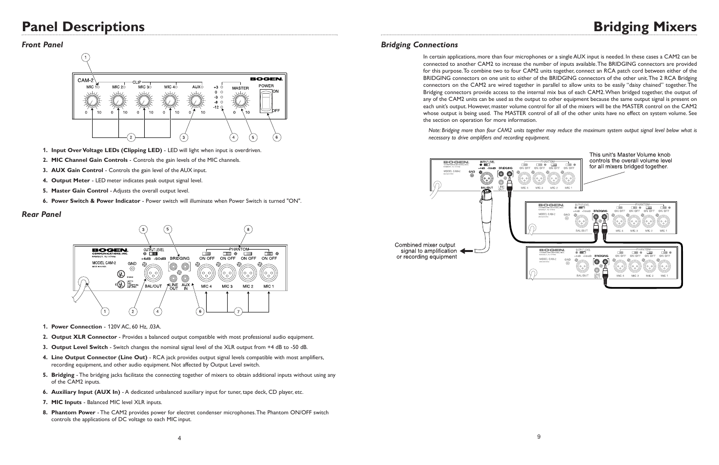 Panel descriptions, Bridging mixers, Front panel | Rear panel, Bridging connections | Bogen CAM2 User Manual | Page 11 / 16