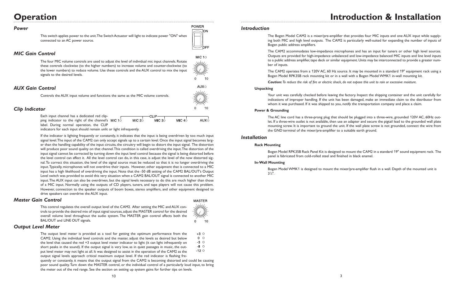 Operation, Introduction & installation, Power | Mic gain control, Aux gain control, Clip indicator, Master gain control, Output level meter, Introduction, Installation | Bogen CAM2 User Manual | Page 12 / 16