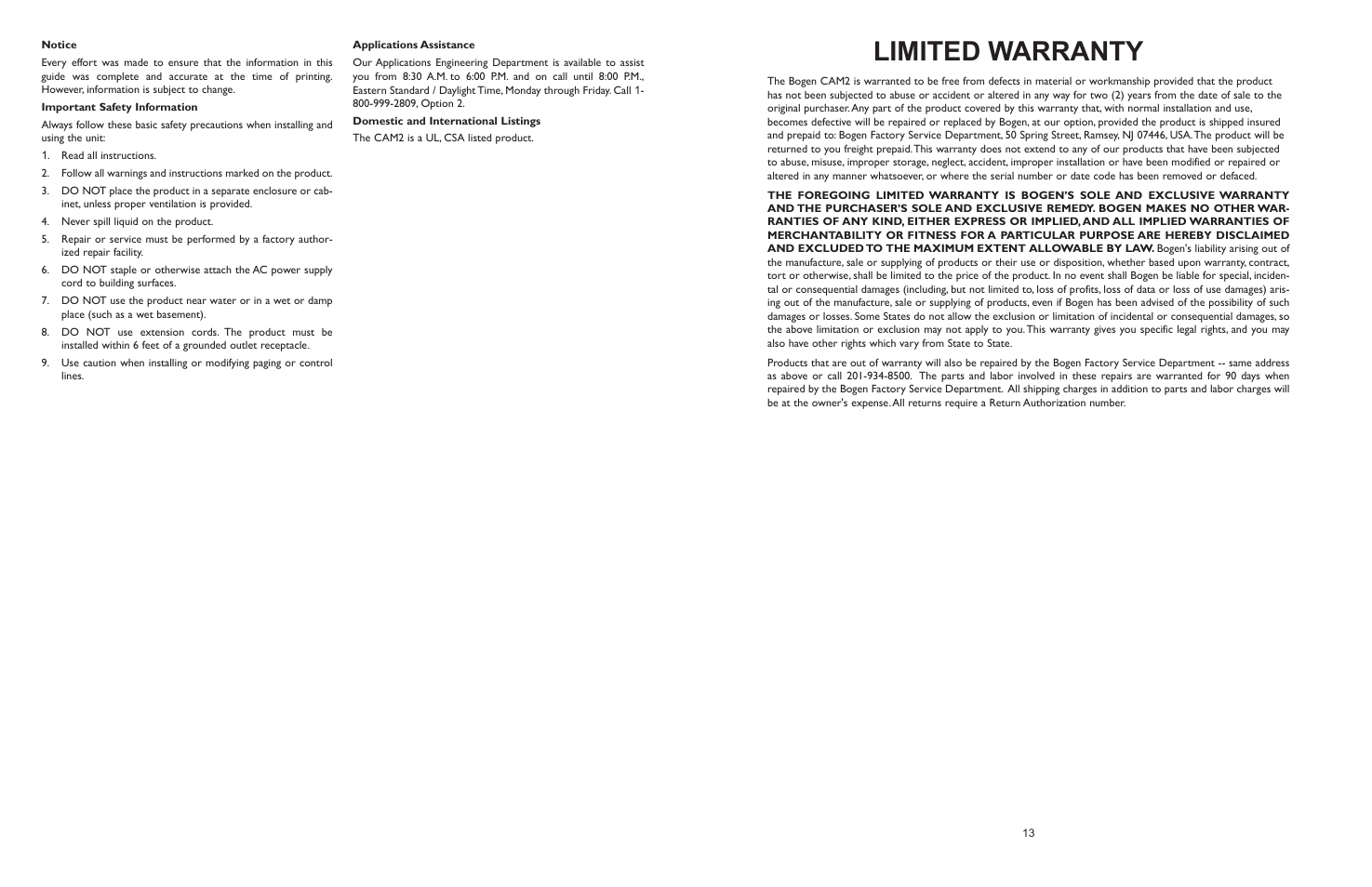 Limited warranty | Bogen CAM2 User Manual | Page 15 / 16