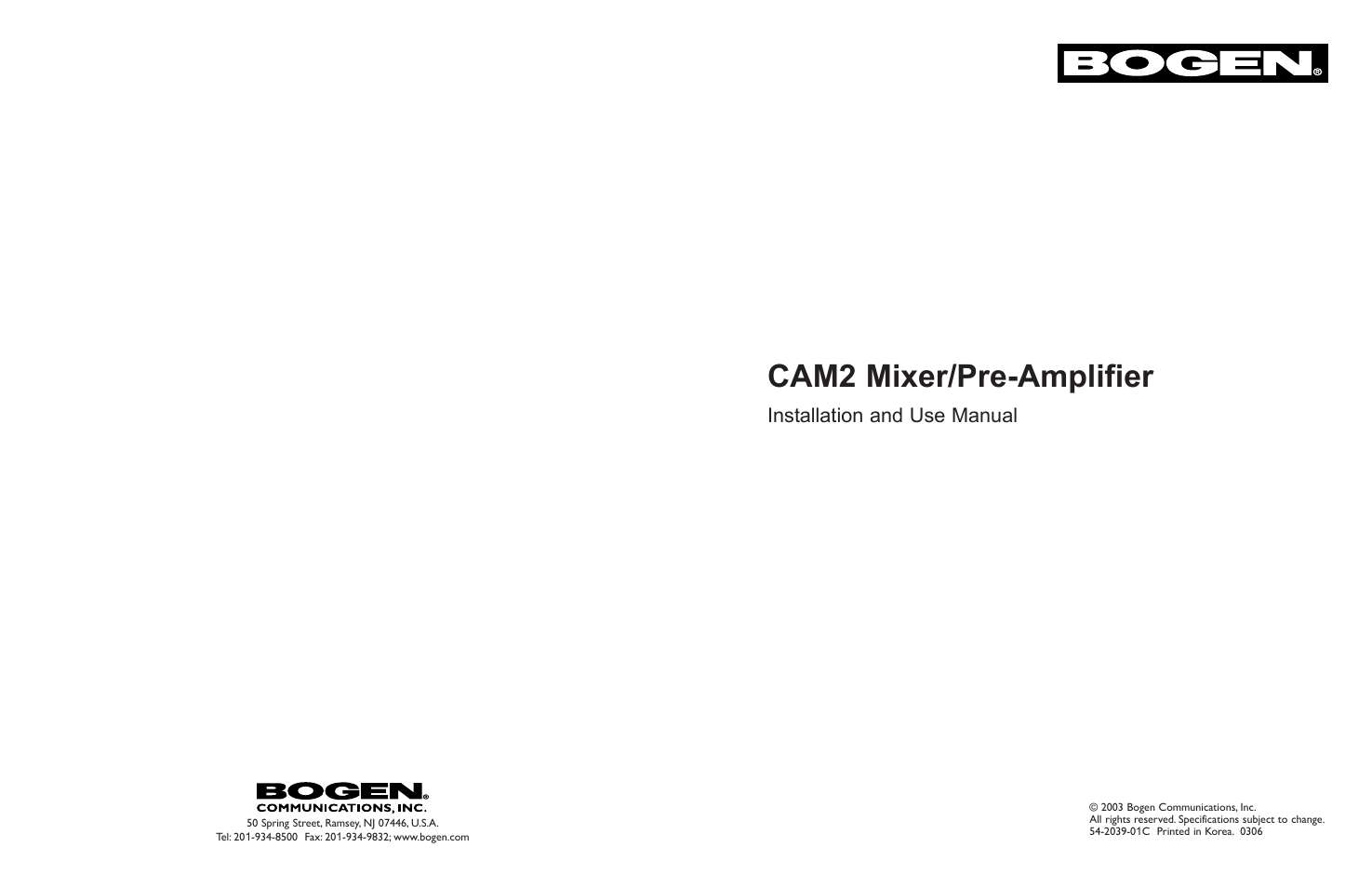 Cam2 mixer/pre-amplifier, Installation and use manual | Bogen CAM2 User Manual | Page 16 / 16