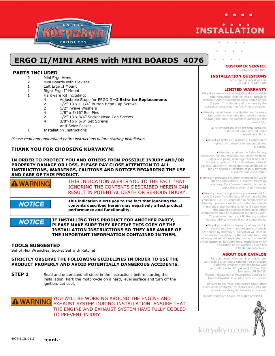 Kuryakyn 4076 ERGO II/MINI ARMS with MINI BOARDS User Manual | 3 pages