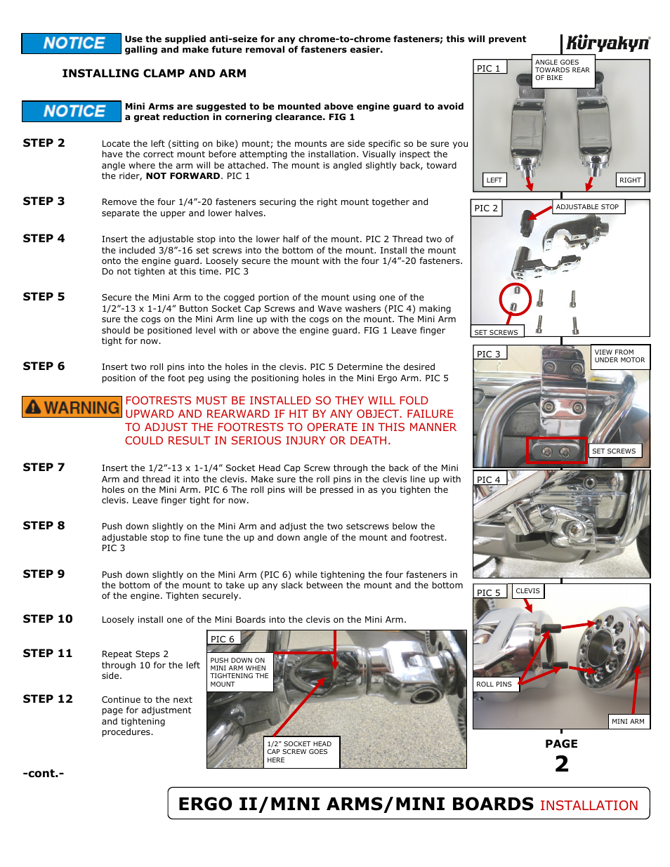 Ergo ii/mini arms/mini boards, Installation | Kuryakyn 4076 ERGO II/MINI ARMS with MINI BOARDS User Manual | Page 2 / 3