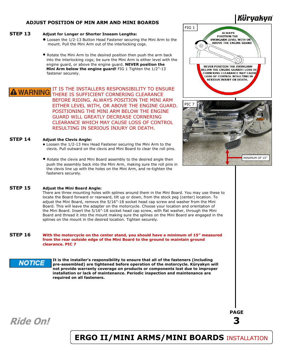 Ride on, Ergo ii/mini arms/mini boards, Installation | Kuryakyn 4076 ERGO II/MINI ARMS with MINI BOARDS User Manual | Page 3 / 3
