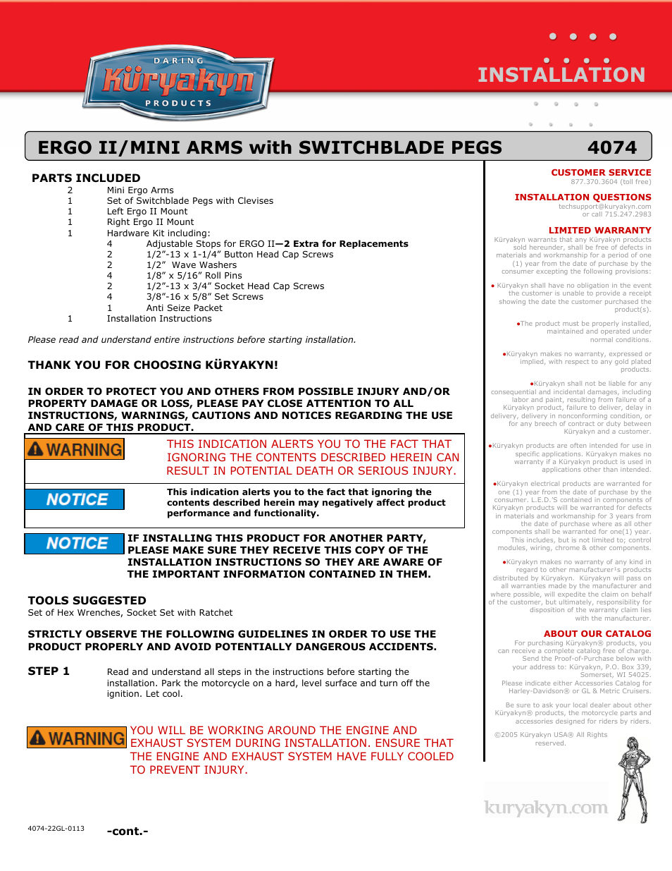 Kuryakyn 4074 ERGO II/MINI ARMS with SWITCHBLADE PEGS User Manual | 3 pages