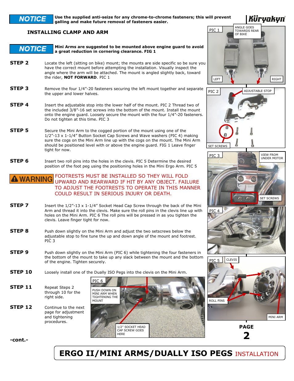 Ergo ii/mini arms/dually iso pegs, Installation | Kuryakyn 4073 ERGO II/MINI ARMS with DUALLY ISO PEGS User Manual | Page 2 / 3