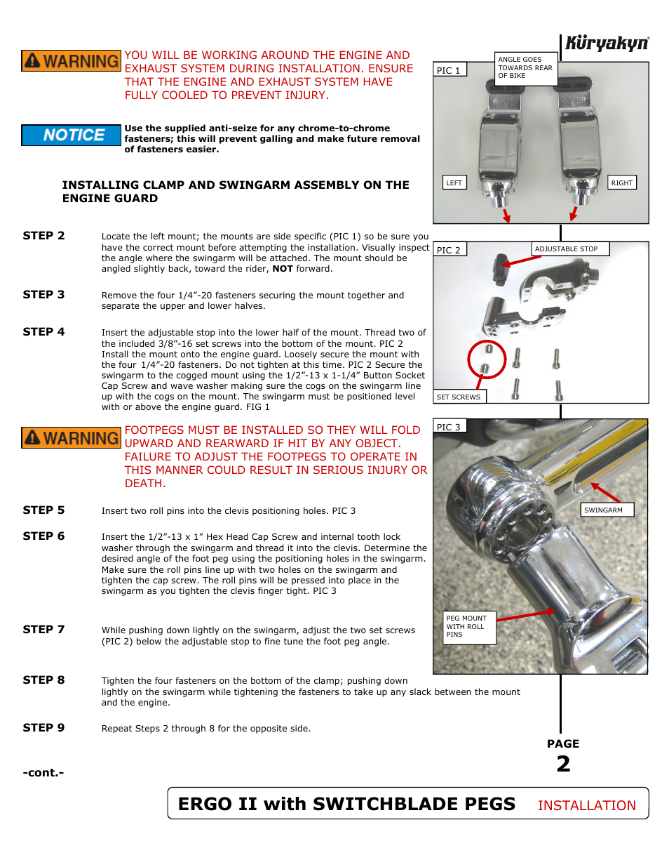 Ergo ii with switchblade pegs, Installation | Kuryakyn 4064 ERGO II with SWITCHBLADE PEGS User Manual | Page 2 / 3