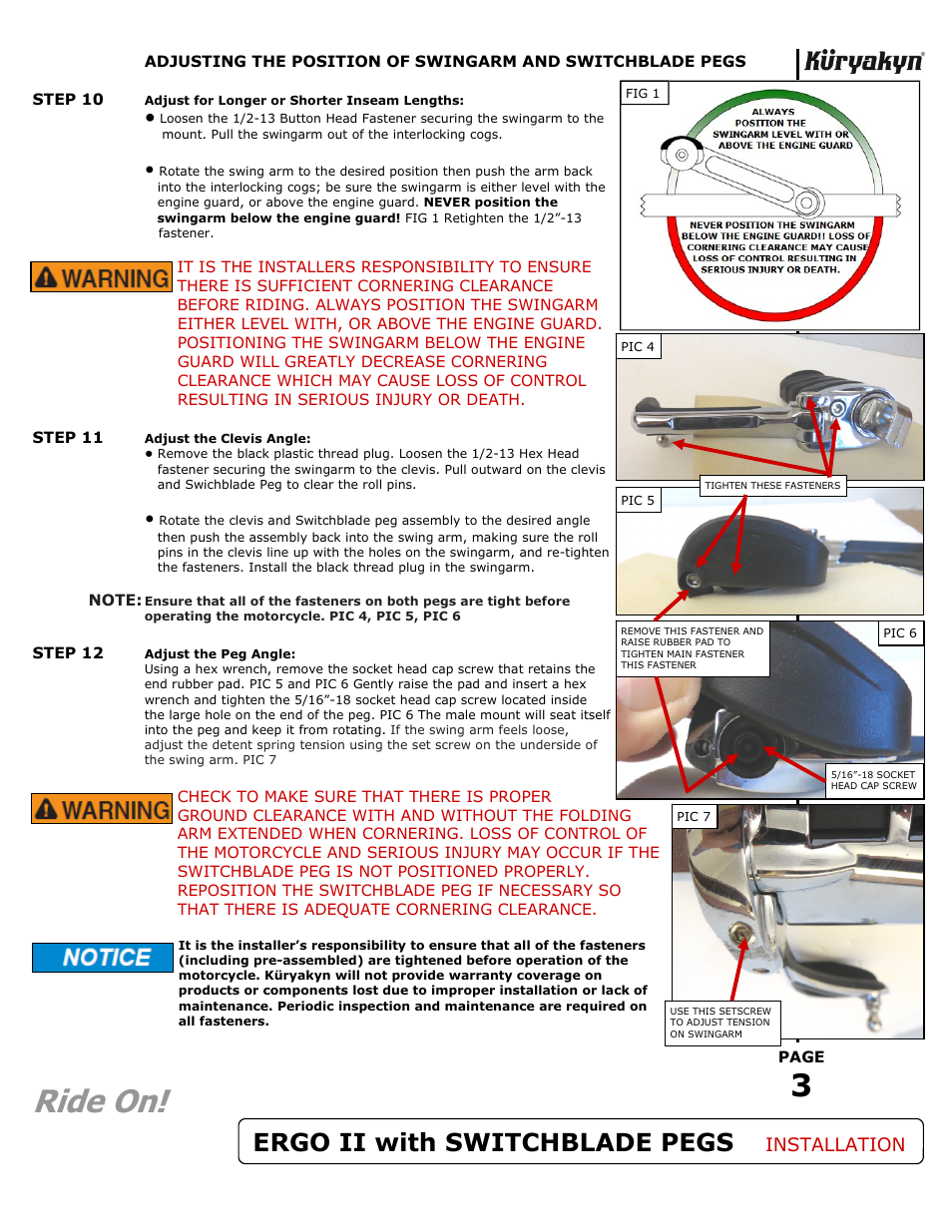 Ride on, Ergo ii with switchblade pegs, Installation | Kuryakyn 4064 ERGO II with SWITCHBLADE PEGS User Manual | Page 3 / 3