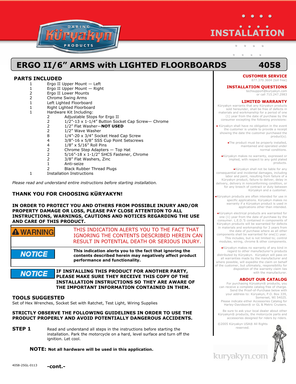 Kuryakyn 4058 ERGO II/6 ARMS with LIGHTED FLOORBOARDS User Manual | 3 pages