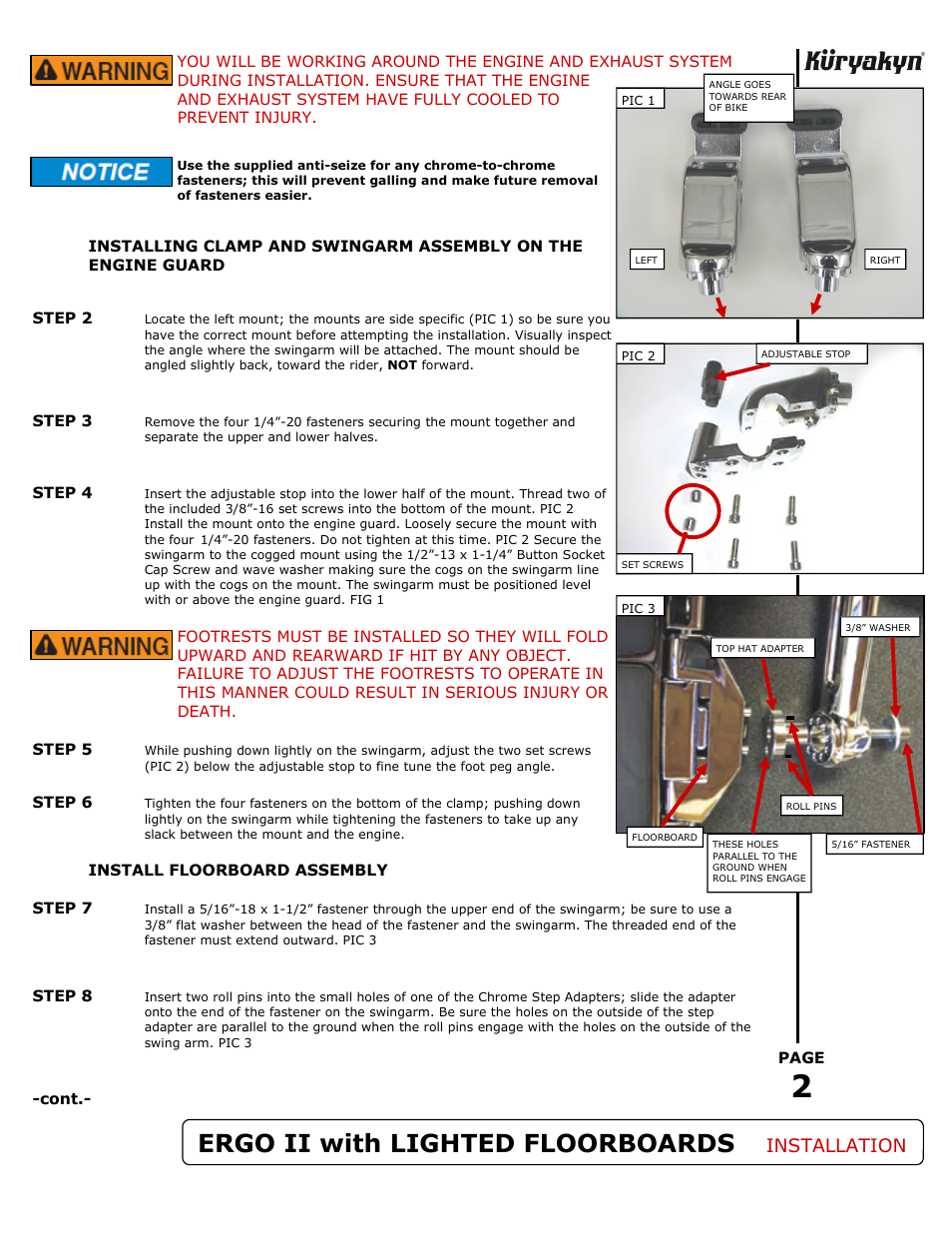 Ergo ii with lighted floorboards, Installation | Kuryakyn 4058 ERGO II/6 ARMS with LIGHTED FLOORBOARDS User Manual | Page 2 / 3