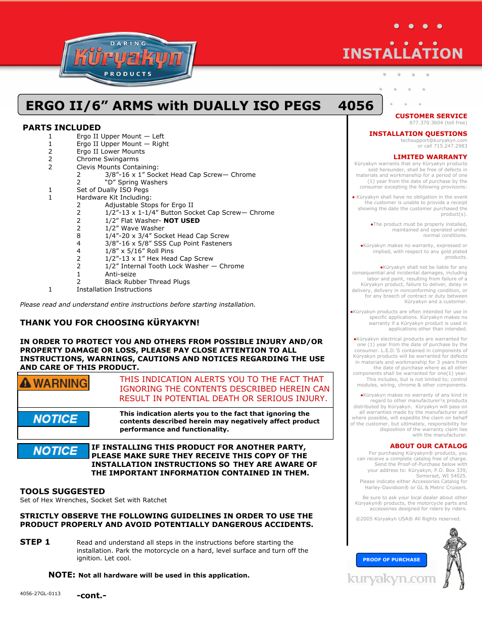 Kuryakyn 4056 ERGO II/6 ARMS with DUALLY ISO PEGS User Manual | 3 pages