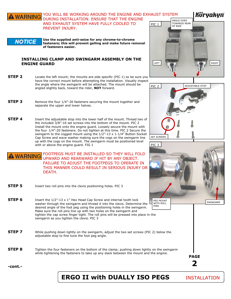 Ergo ii with dually iso pegs, Installation | Kuryakyn 4056 ERGO II/6 ARMS with DUALLY ISO PEGS User Manual | Page 2 / 3