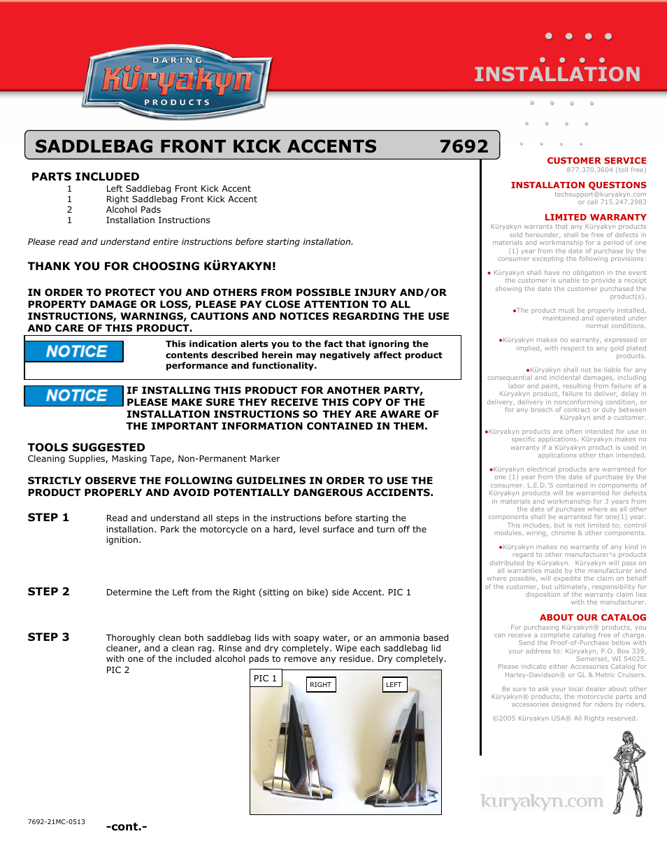 Kuryakyn 7692 SADDLEBAG FRONT KICK ACCENTS User Manual | 2 pages