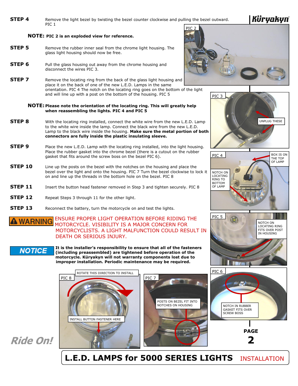 Ride on, L.e.d. lamps for 5000 series lights, Installation | Kuryakyn 5035 L.E.D. LAMPS for KURYAKYN 5000 SERIES LIGHTS User Manual | Page 2 / 2