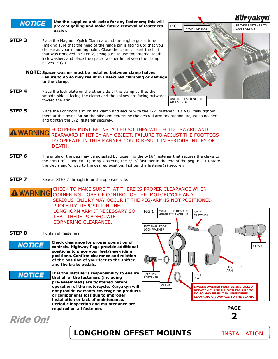 Ride on, Longhorn offset mounts, Installation | Kuryakyn 7980 LONGHORN OFFSET HIGHWAY PEGS User Manual | Page 2 / 2