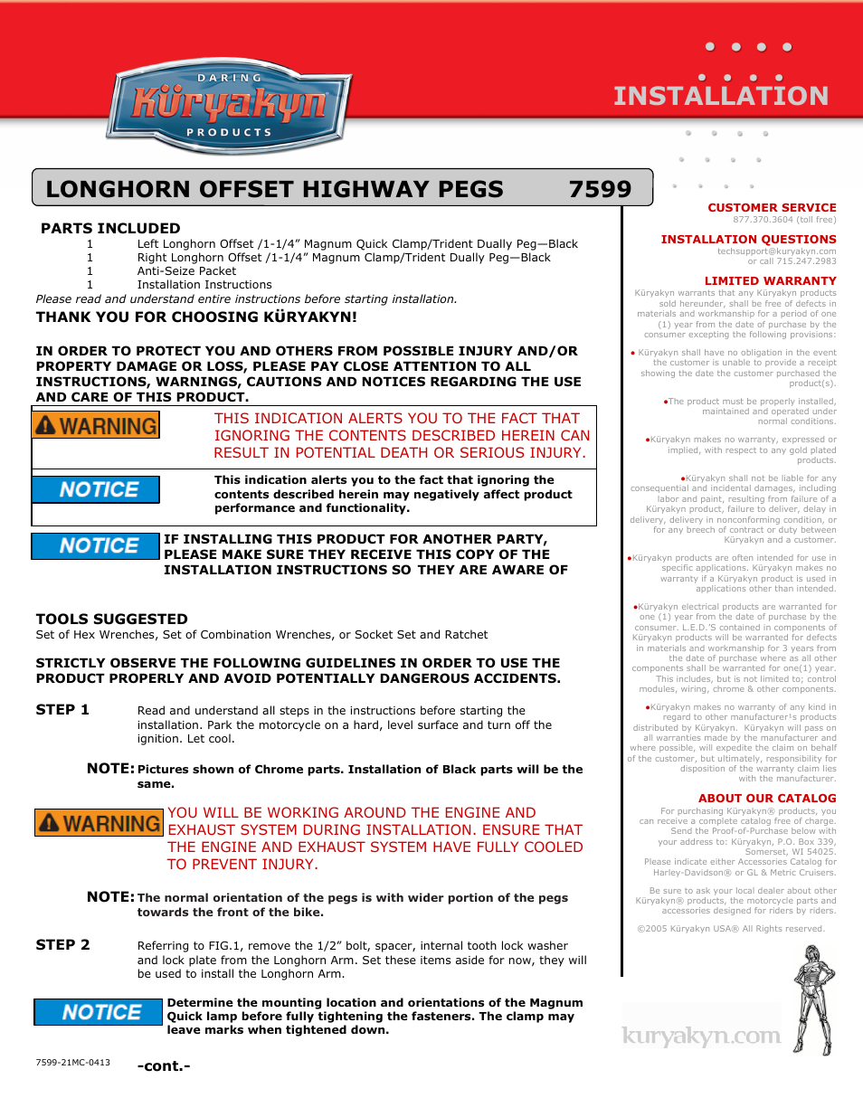 Kuryakyn 7599 LONGHORN OFFSET HIGHWAY PEGS User Manual | 2 pages