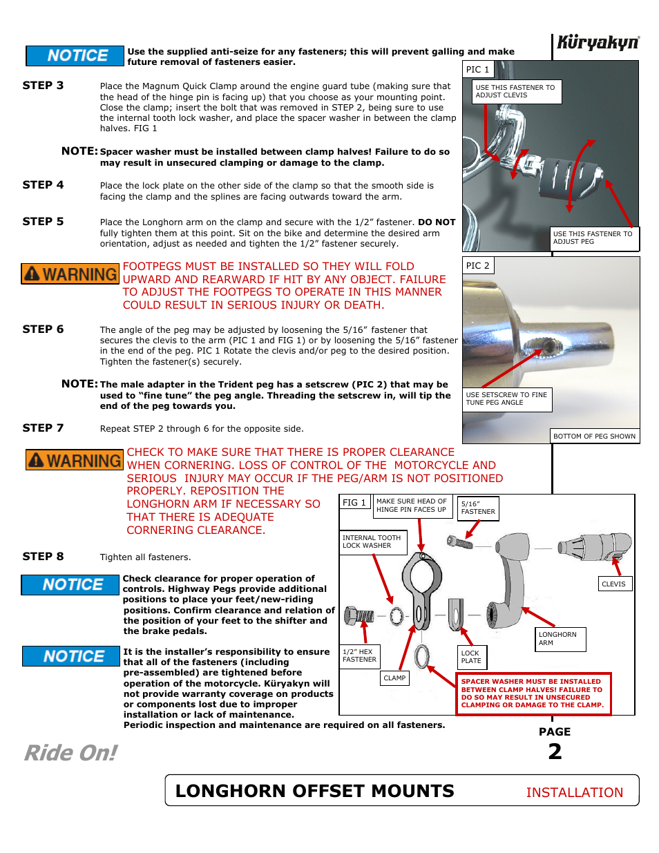 Ride on, Longhorn offset mounts, Installation | Kuryakyn 7599 LONGHORN OFFSET HIGHWAY PEGS User Manual | Page 2 / 2