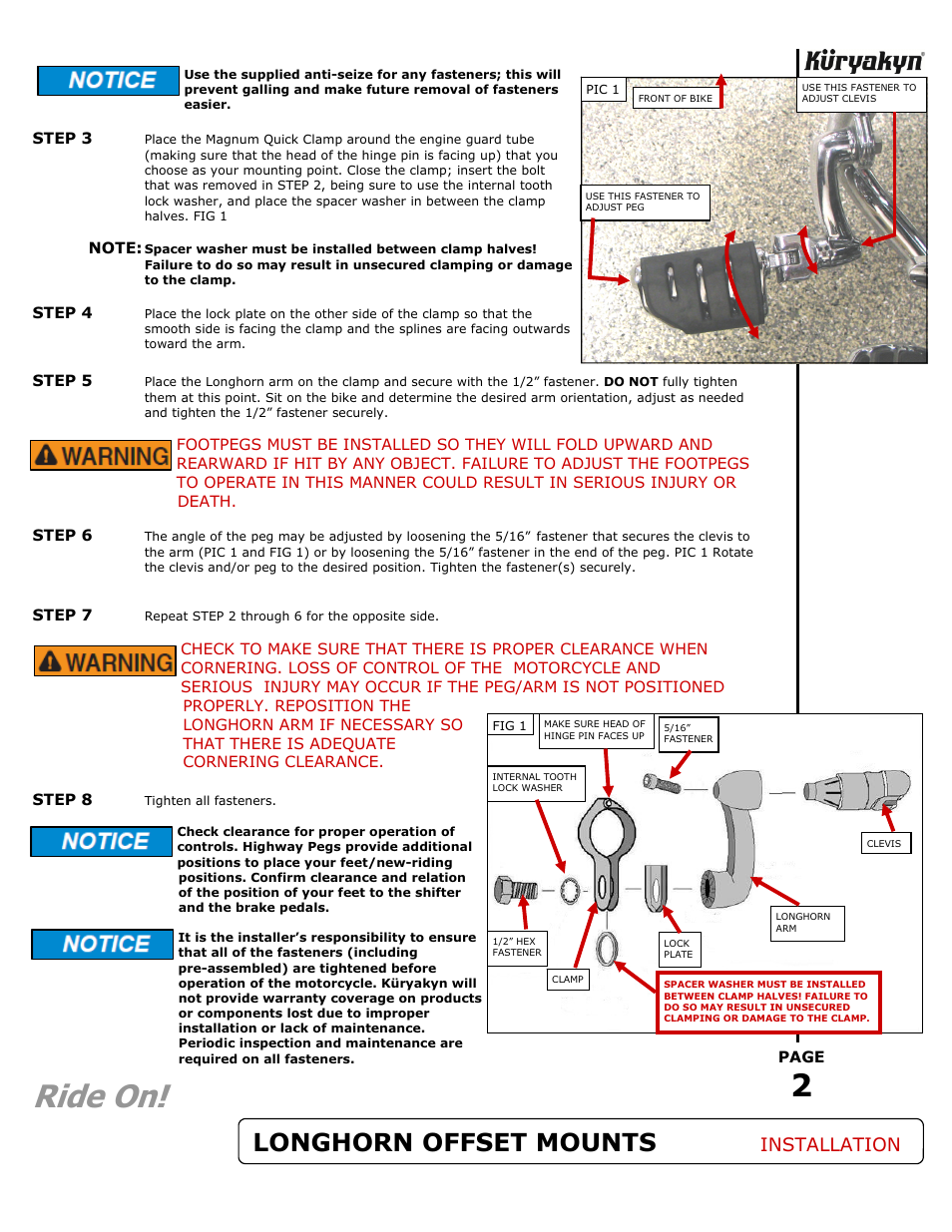 Ride on, Longhorn offset mounts, Installation | Kuryakyn 7555 LONGHORN OFFSET HIGHWAY PEGS User Manual | Page 2 / 2