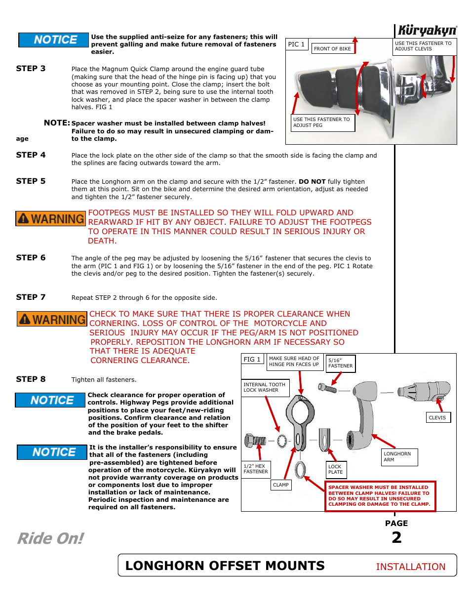 Ride on, Longhorn offset mounts, Installation | Kuryakyn 4616 LONGHORN OFFSET HIGHWAY PEGS User Manual | Page 2 / 2