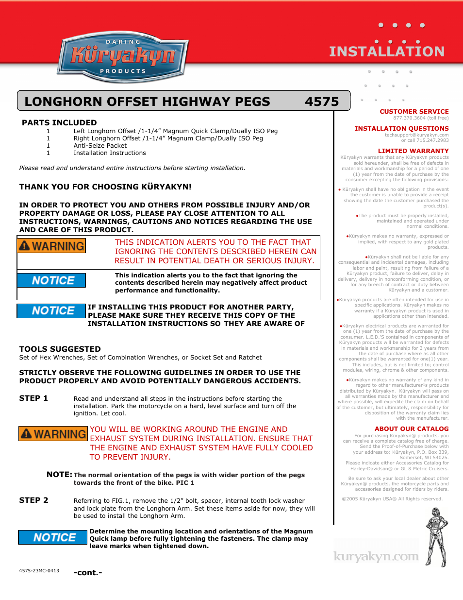 Kuryakyn 4575 LONGHORN OFFSET HIGHWAY PEGS User Manual | 2 pages