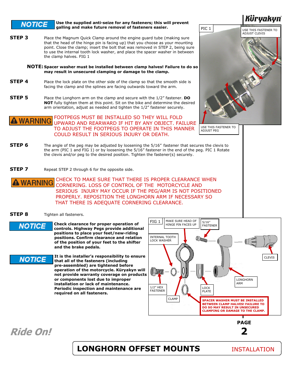 Ride on, Longhorn offset mounts, Installation | Kuryakyn 4575 LONGHORN OFFSET HIGHWAY PEGS User Manual | Page 2 / 2