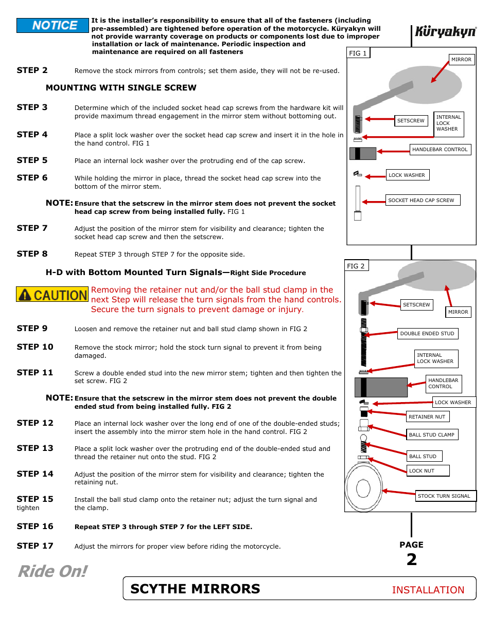 Ride on, Scythe mirrors, Installation | Kuryakyn 1449 SCYTHE MIRRORS User Manual | Page 2 / 2