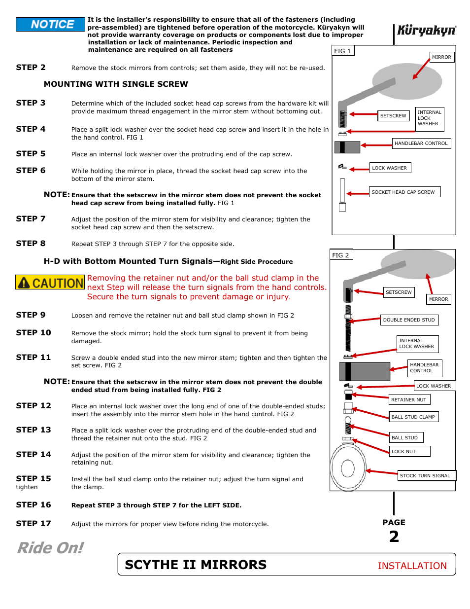 Ride on, Scythe ii mirrors, Installation | Kuryakyn 1448 SCYTHE II MIRRORS User Manual | Page 2 / 2