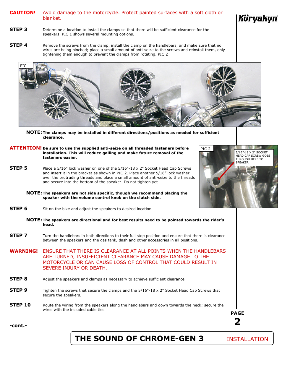 The sound of chrome-gen 3, Installation | Kuryakyn 831 THE SOUND OF CHROME-GEN 3 for 1-1/4 BARS User Manual | Page 2 / 3