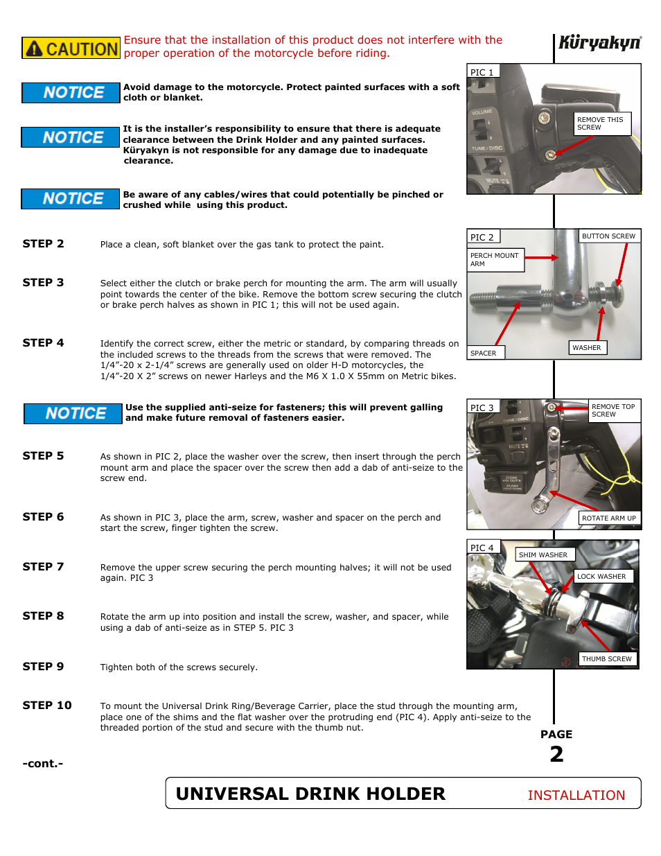 Universal drink holder, Installation | Kuryakyn 1500 UNIVERSAL DRINK HOLDER User Manual | Page 2 / 3