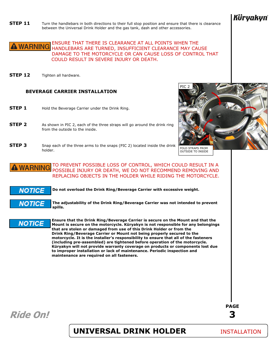 Ride on, Universal drink holder, Installation | Kuryakyn 1500 UNIVERSAL DRINK HOLDER User Manual | Page 3 / 3