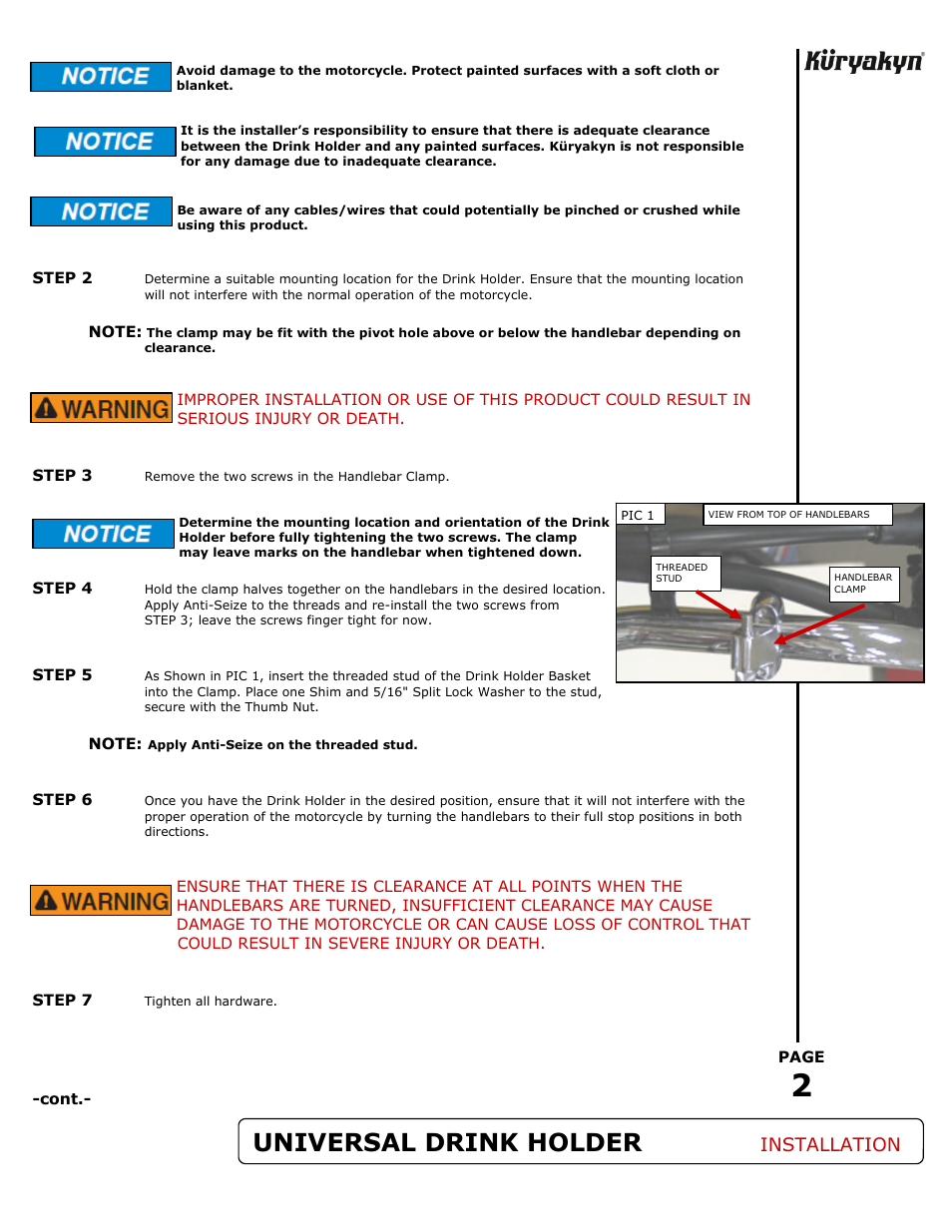 Universal drink holder, Installation | Kuryakyn 1489 UNIVERSAL DRINK HOLDER User Manual | Page 2 / 3