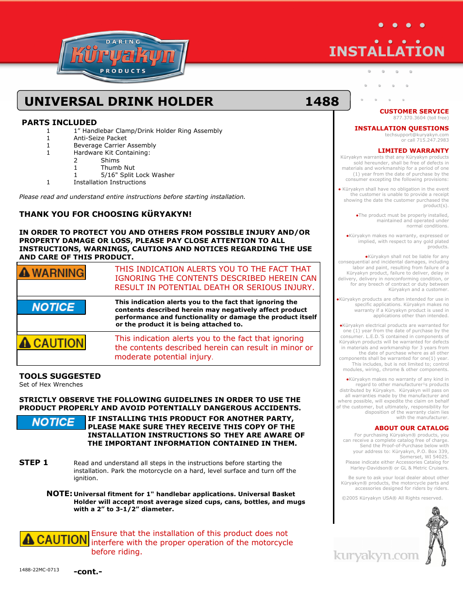 Kuryakyn 1488 UNIVERSAL DRINK HOLDER User Manual | 3 pages