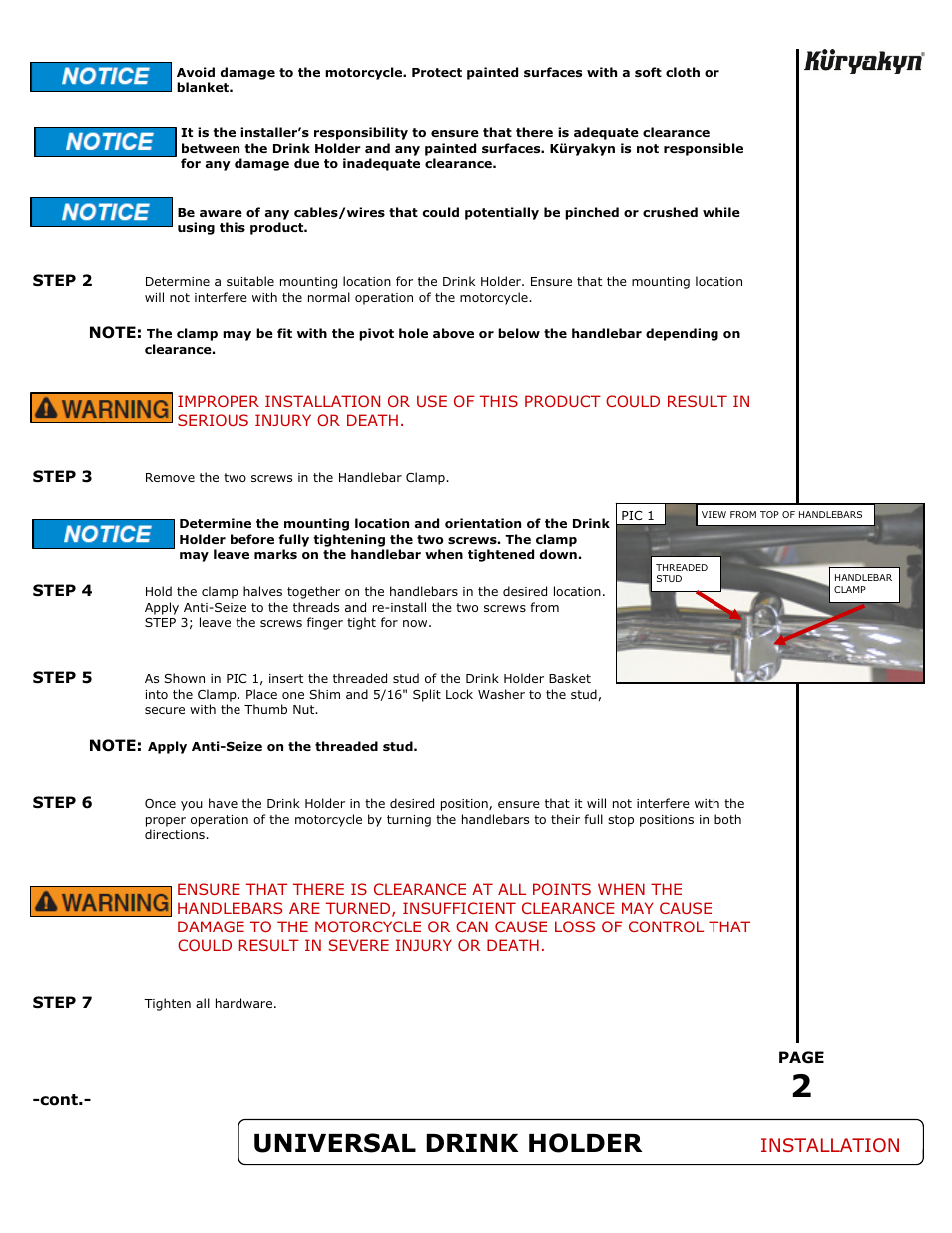 Universal drink holder, Installation | Kuryakyn 1488 UNIVERSAL DRINK HOLDER User Manual | Page 2 / 3