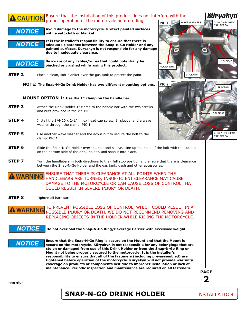 Snap-n-go drink holder, Installation | Kuryakyn 1460 SNAP-N-GO DRINK HOLDER User Manual | Page 2 / 3