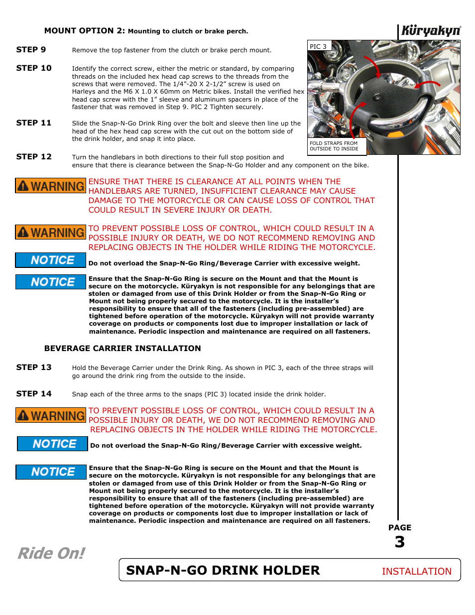 Ride on, Snap-n-go drink holder, Installation | Kuryakyn 1460 SNAP-N-GO DRINK HOLDER User Manual | Page 3 / 3