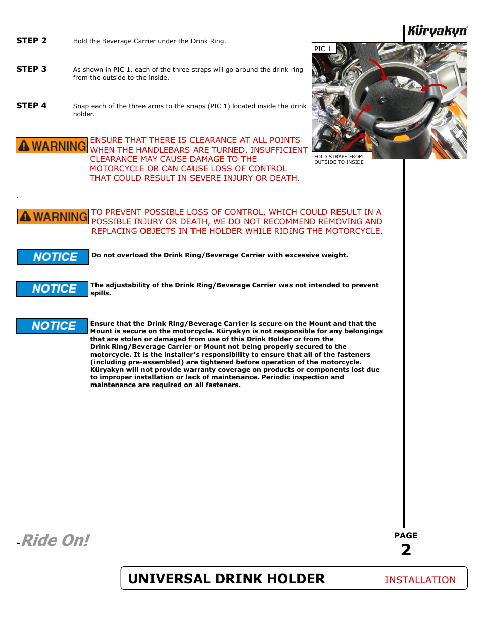 Ride on, Universal drink holder, Installation | Kuryakyn 1459 BEVERAGE CARRIER User Manual | Page 2 / 2