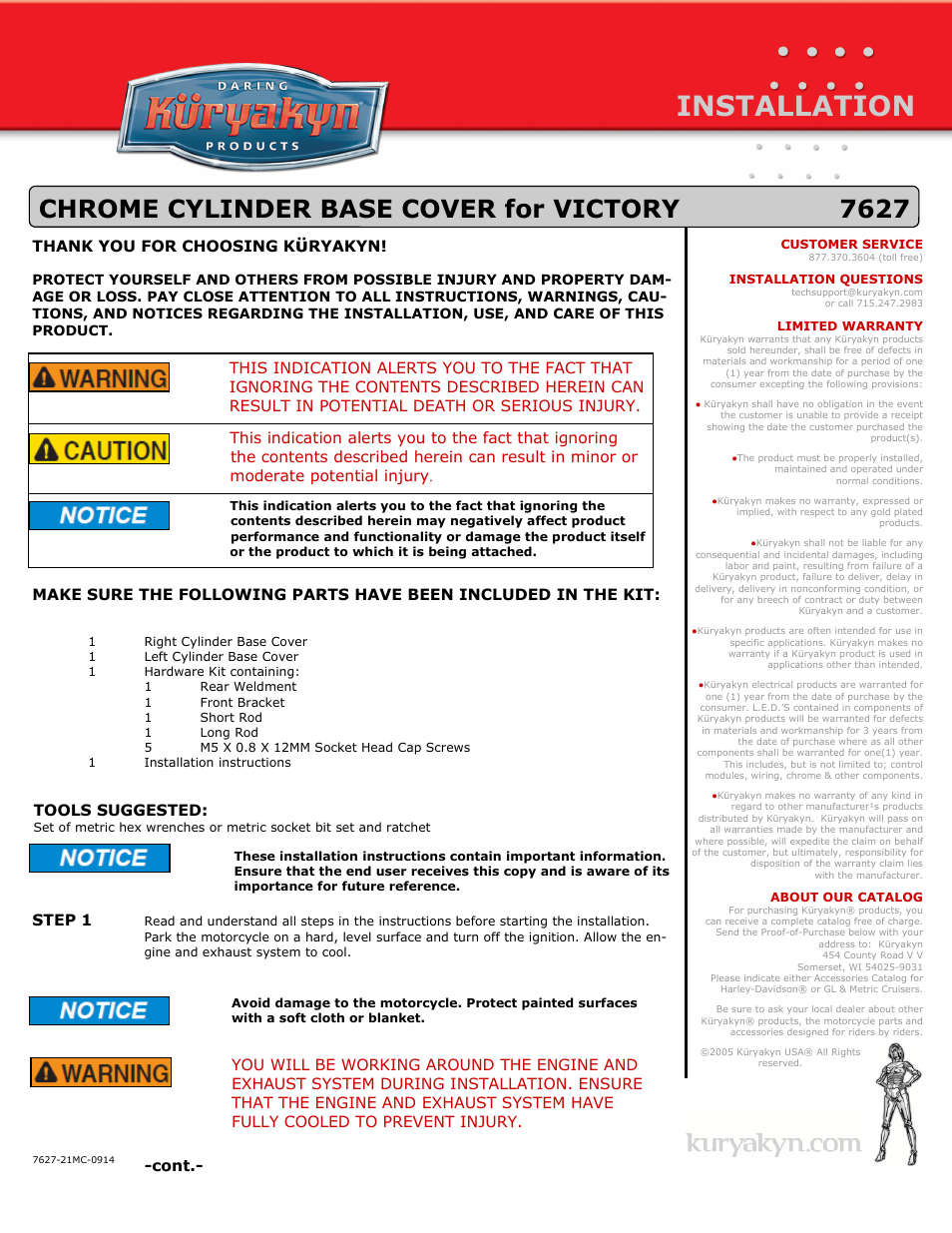 Kuryakyn 7627 CHROME CYLINDER BASE COVER for VICTORY User Manual | 2 pages