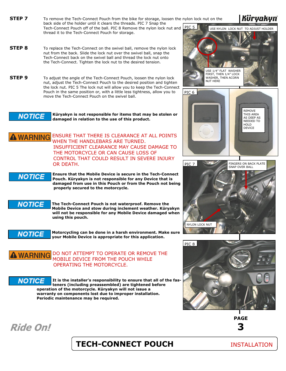 Ride on, Tech-connect pouch, Installation | Kuryakyn 4128 TECH-CONNECT POUCH W/ACCESSORY BAR MOUNT User Manual | Page 3 / 3