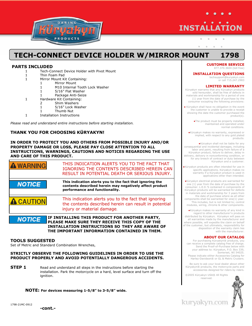 Kuryakyn 1798 TECH-CONNECT DEVICE HOLDER W/MIRROR MOUNT User Manual | 3 pages