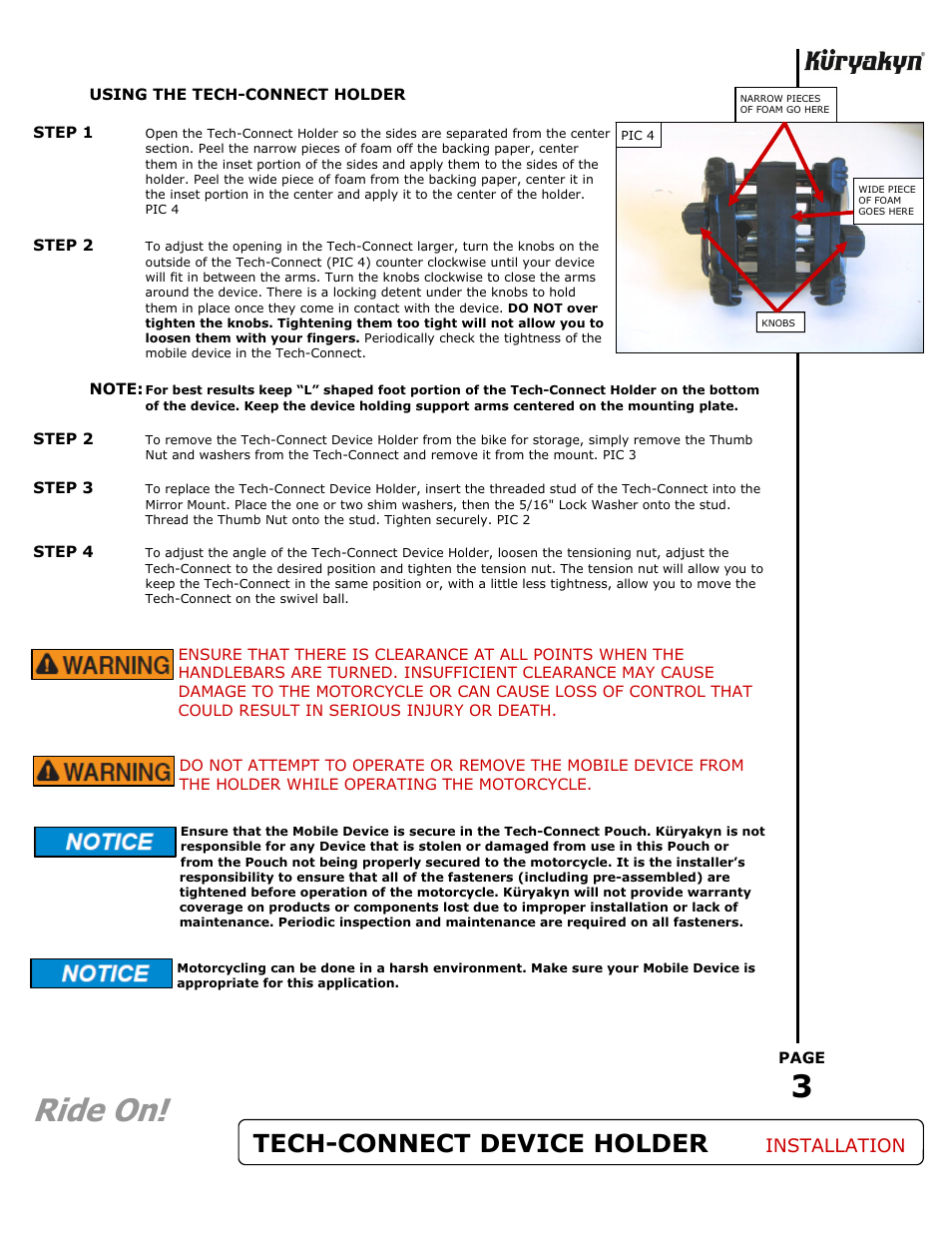 Ride on, Tech-connect device holder, Installation | Kuryakyn 1798 TECH-CONNECT DEVICE HOLDER W/MIRROR MOUNT User Manual | Page 3 / 3